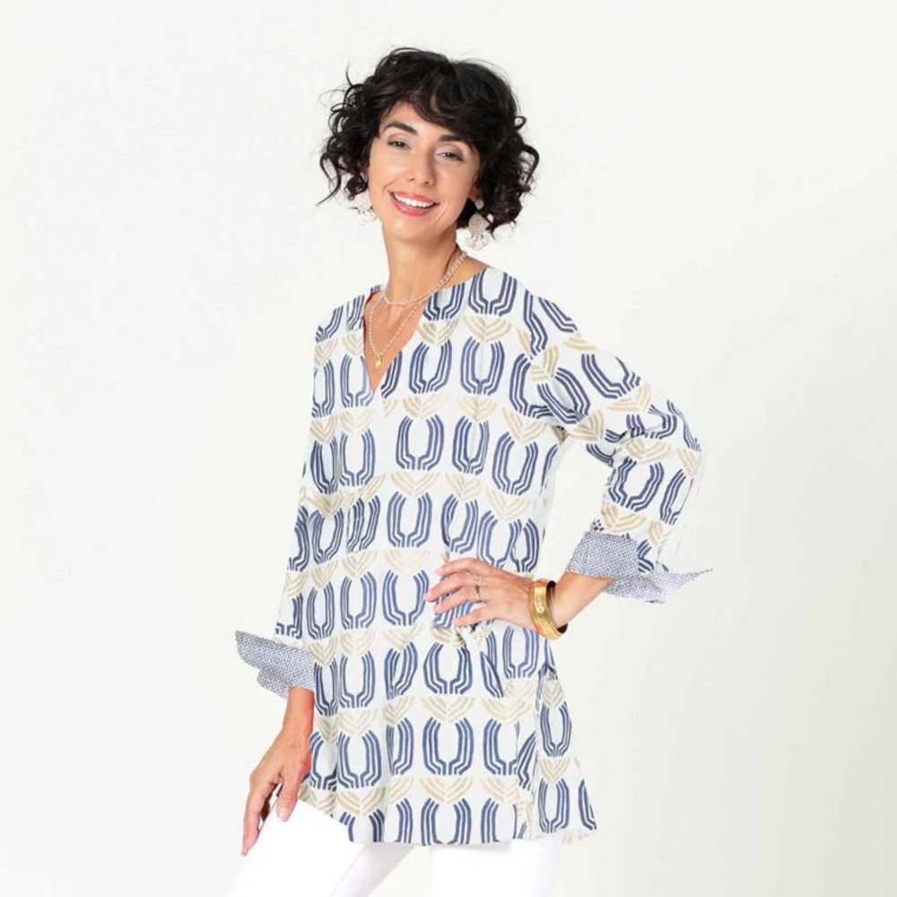 bluthreads by rockflowerpaper Geometric Juno Block Print V-Neck Tunic Top Size L